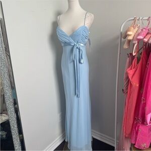 NWT vintage deadstock sky blue satin maxi dress ruched bust tie waist slip S